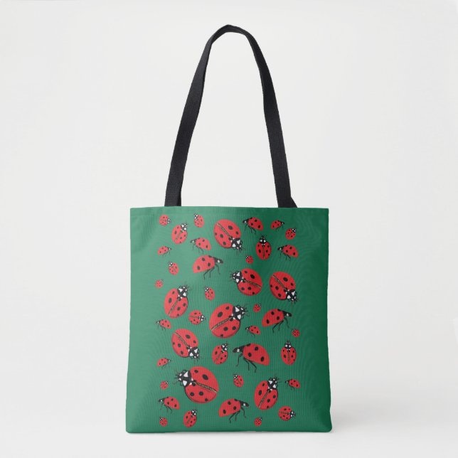 Bolsa Tote Um monte de Ladybugs Lucky Pattern Green (Frente)
