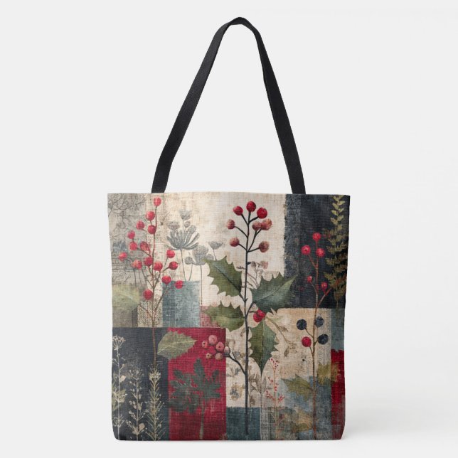 Bolsa Tote Um Patchwork Rústico de Inverno com Folhas de Azev (Frente)