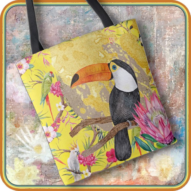 BOLSA TOTE - Um Tucano na Selva (An image of a Toucan appears on both sides of this Tote Bag with a yellow background. Nice gift, too)