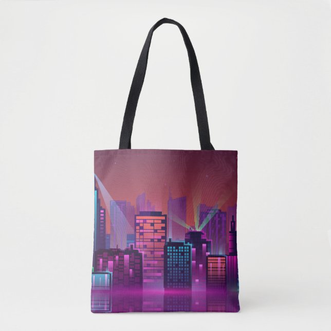 Bolsa Tote Uma paisagem urbana noturna brilhante, vintage. (Frente)