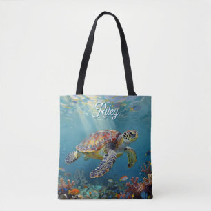 Bolsa Tote Uma Tartaruga Marinha e Raios de Sol no Oceano Azu
