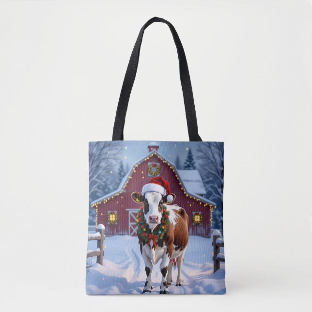 Bolsa Tote Uma vaca festiva no Natal (Frente)