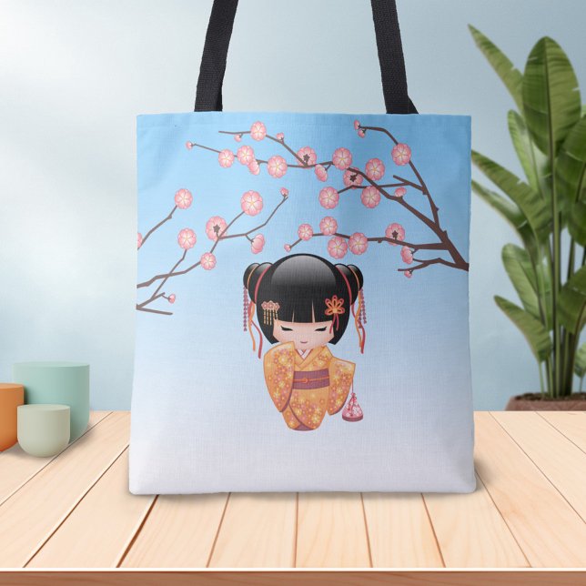 Bolsa Tote Ume Kokeshi Doll - Japonesa Plum Geisha Girl Blue (Criador carregado)
