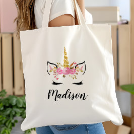 Bolsa Tote Unicorn Face com Eyelashes Nome Personalizado