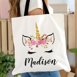 Bolsa Tote Unicorn Face com Eyelashes Nome Personalizado