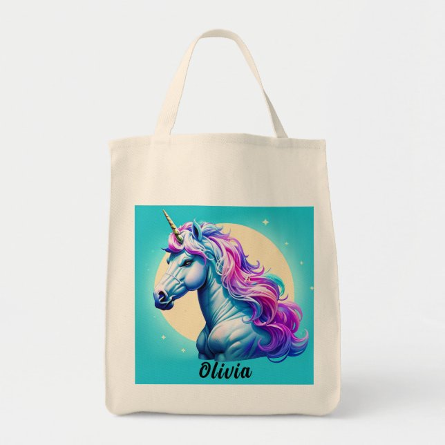 Bolsa Tote Unicorn Moonlight personalizável: seu nome em estr (Frente)