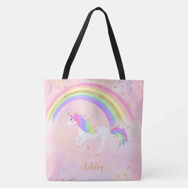 Bolsa Tote Unicorn Personalizado Bag | Arco-íris Dourado rosa (Frente)