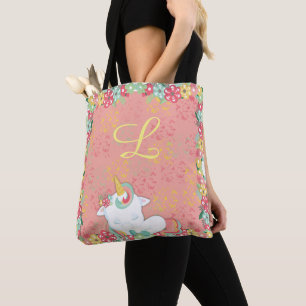 Bolsa Tote Unicórnio Adorável e Flores Monograma