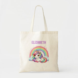 Bolsa Tote Unicórnio Arco-íris Colorido Nome Personalizado Me