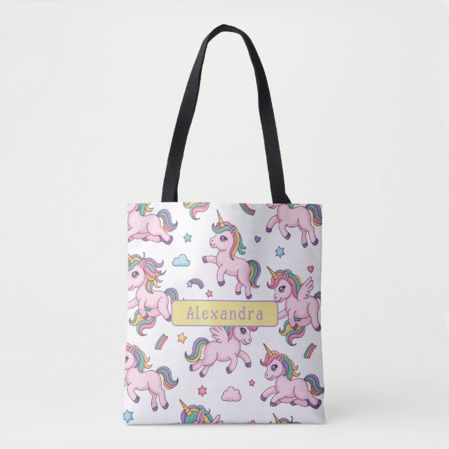 Bolsa Tote Unicórnio Arco-íris Fofo (Frente)