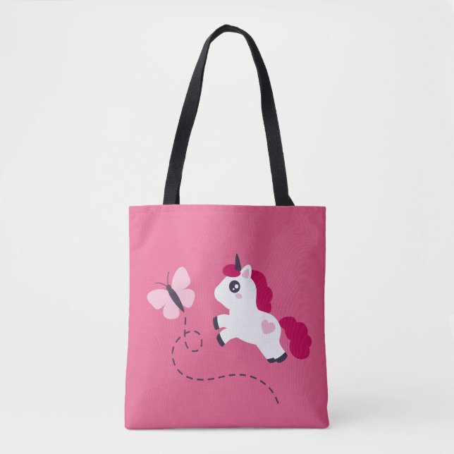 Bolsa Tote Unicórnio Branco Bonito com Borboleta (Frente)