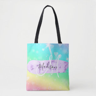 Bolsa Tote Unicórnio Colorido Corações Arco-Íris Monograma Fe