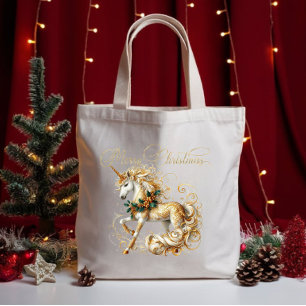 Bolsa Tote Unicórnio de Natal Branco e Dourado Elegante