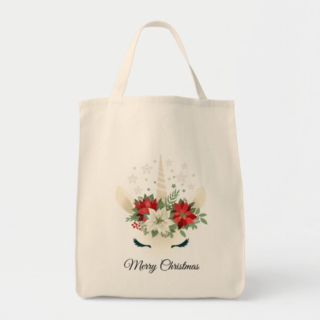 Bolsa Tote Unicórnio de Natal Floral | Feliz Natal (Frente)