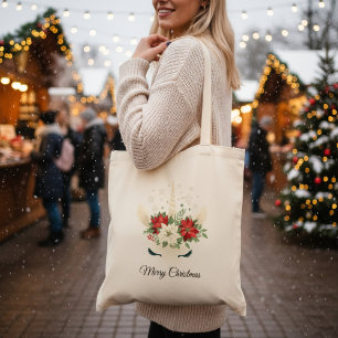 Bolsa Tote Unicórnio de Natal Floral Feliz Natal