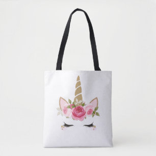Bolsa Tote Unicórnio Dourado Floral Rosa Fofa na M