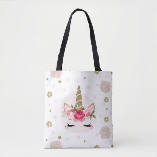 Bolsa Tote Unicórnio Dourado Flores Rosa Desabrochando Festa 