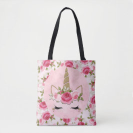 Bolsa Tote Unicórnio Dourado Rosa Floral Rose Fofa Na Moda