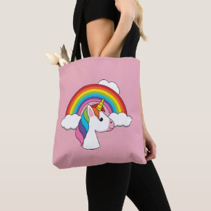 Bolsa Tote Unicórnio e Arco-íris com Nuvens Kawaii