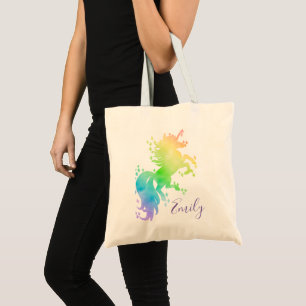 Bolsa Tote unicórnio mágico na pintura de aquarela arco-ír