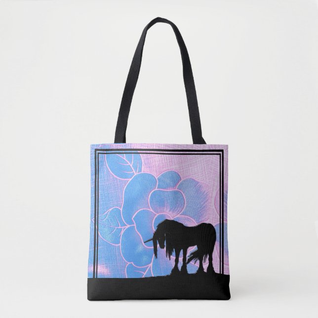 Bolsa Tote Unicórnio místico (flor texturizada rosa e azul) (Frente)