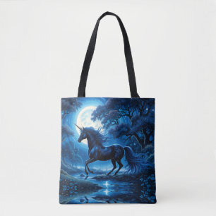 Bolsa Tote Unicórnio Negro na Floresta à Lua Azul