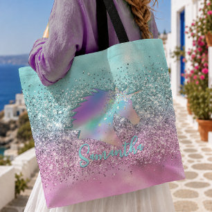 Bolsa Tote Unicórnio Rosa Água Chic Glitter glam monograma