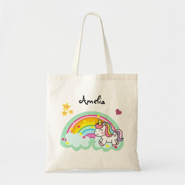 Bolsa Tote Unicórnio Super Bastante e Arco-Íris Personalizado (Frente)