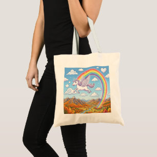 Bolsa Tote Unicórnio Voador de Desenho Animado com Arco-íris