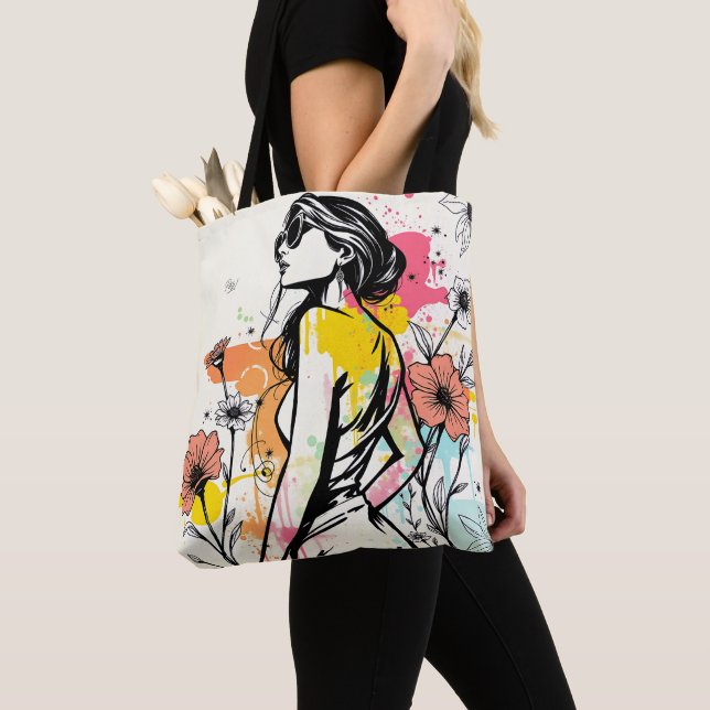Bolsa Tote Urban Bloom: Double-Sided Graffiti & Botanical Art (Close Up)