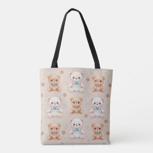 Bolsa Tote Ursa Teddy Fofa e Laços Azuis Padrão Sem Costura