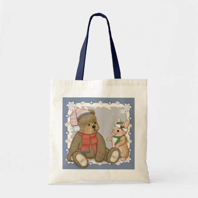 Bolsa Tote Ursinho de Natal da neve e coelho (Frente)