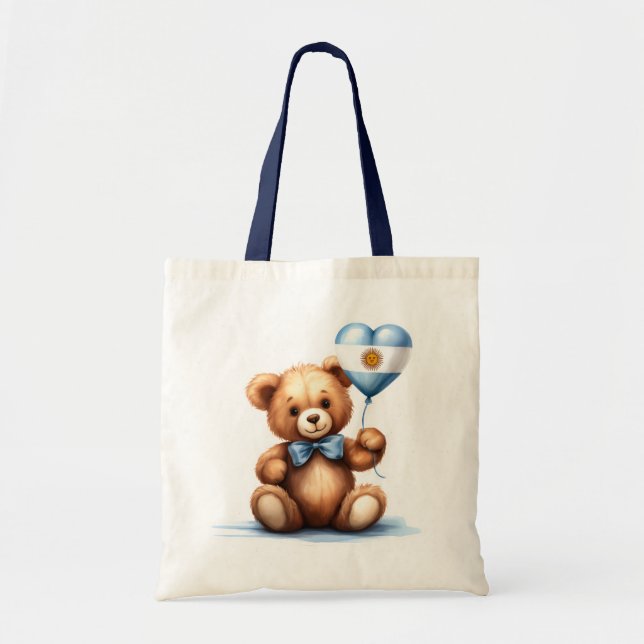 Bolsa Tote ursinho de peluche e balão com a bandeira argentin (Frente)