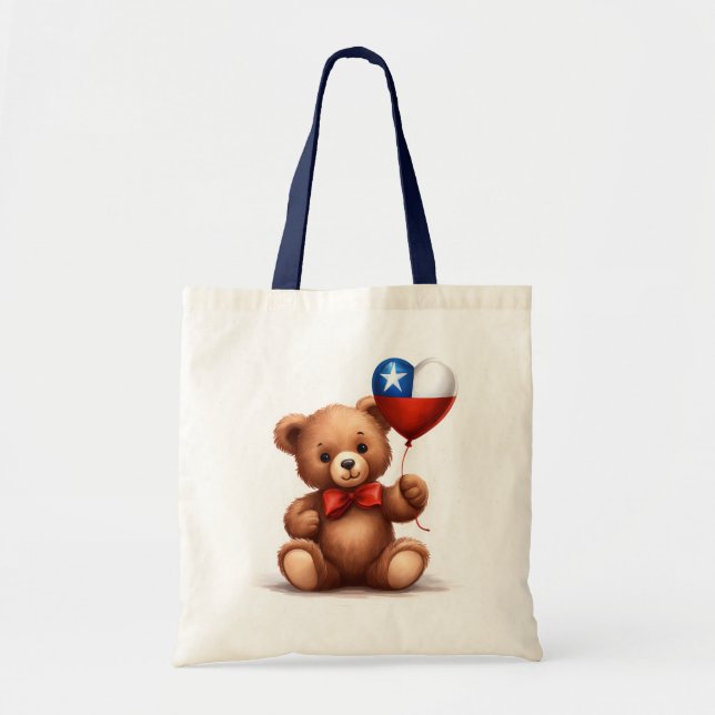 Bolsa Tote ursinho de peluche e balão com a bandeira chilena. (Frente)