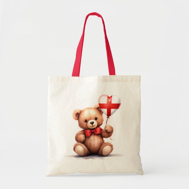 Bolsa Tote ursinho de peluche e balão com a bandeira inglesa. (Frente)