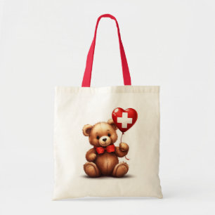 Bolsa Tote ursinho de pelúcia e balão com a bandeira suíça.