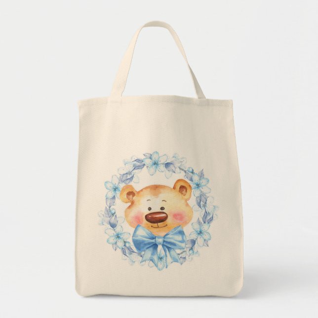 Bolsa Tote Ursinhos e flores azuis (Frente)