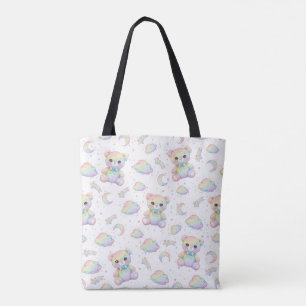 Bolsa Tote Urso Arco-Íris Fofo e Padrão de Nuvens Pastel