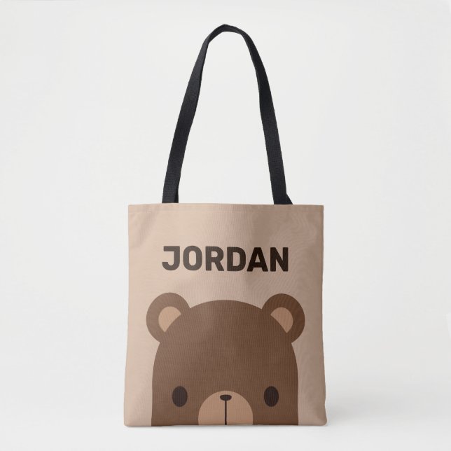 Bolsa Tote Urso Castanho Bonito com Nome Personalizado (Frente)