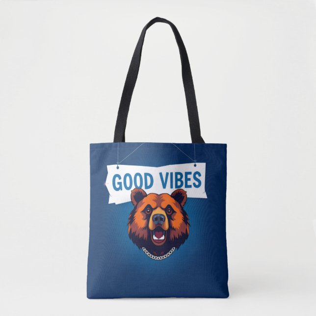 Bolsa Tote Urso Com Cores Vibrantes e Texto de Boas Vibrações (Frente)