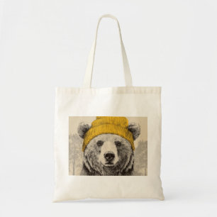Bolsa Tote Urso com Touca Amarela Animal da Floresta Rústica