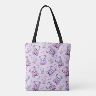Bolsa Tote Urso de Amor Roxo Fofo e Padrão Sem Costura de Cor