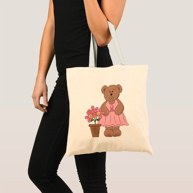 Bolsa Tote Urso de Consciência do Cancer em Vestido Rosa (Criador carregado)