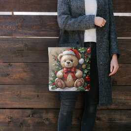 Bolsa Tote Urso de Natal com Azevinho