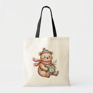 Bolsa Tote Urso de pelúcia de Natal fofo segurando presente e