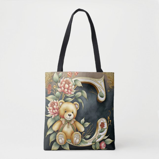 Bolsa Tote Urso de pelúcia floral letra C (Frente)