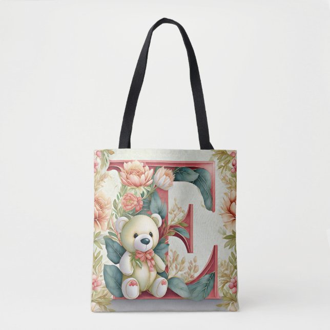 Bolsa Tote Urso de pelúcia floral letra E (Frente)