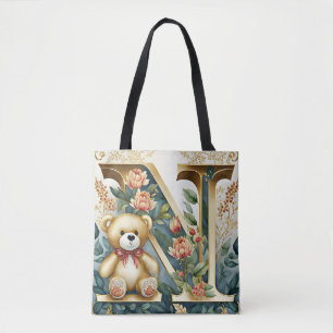 Bolsa Tote Urso de pelúcia floral letra N