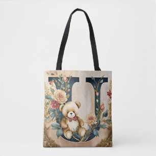 Bolsa Tote Urso de pelúcia floral letra U
