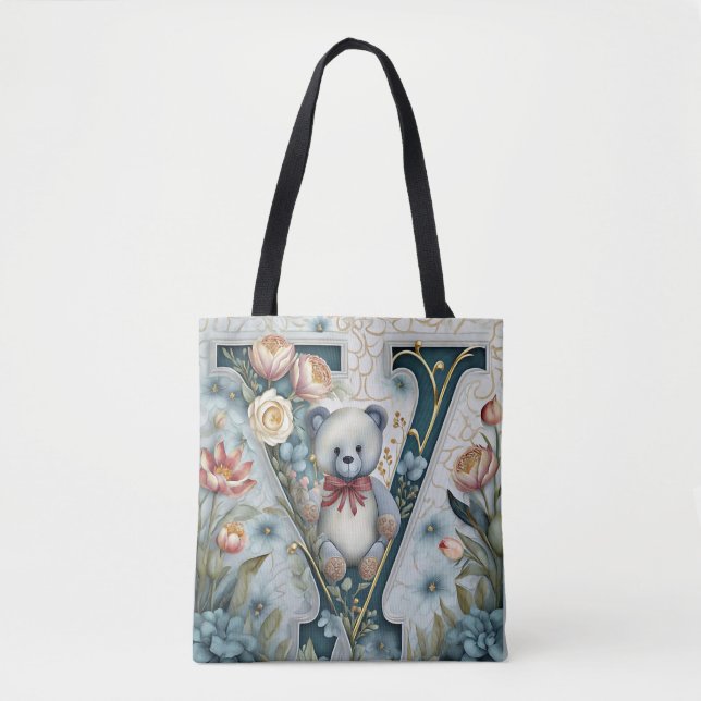Bolsa Tote Urso de pelúcia floral letra V (Frente)